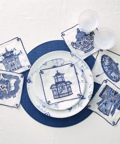 Kim Seybert Dinnerware/Barware Indochine Cocktail Napkins In White & Blue, Set Of 6 In A Gift Box
