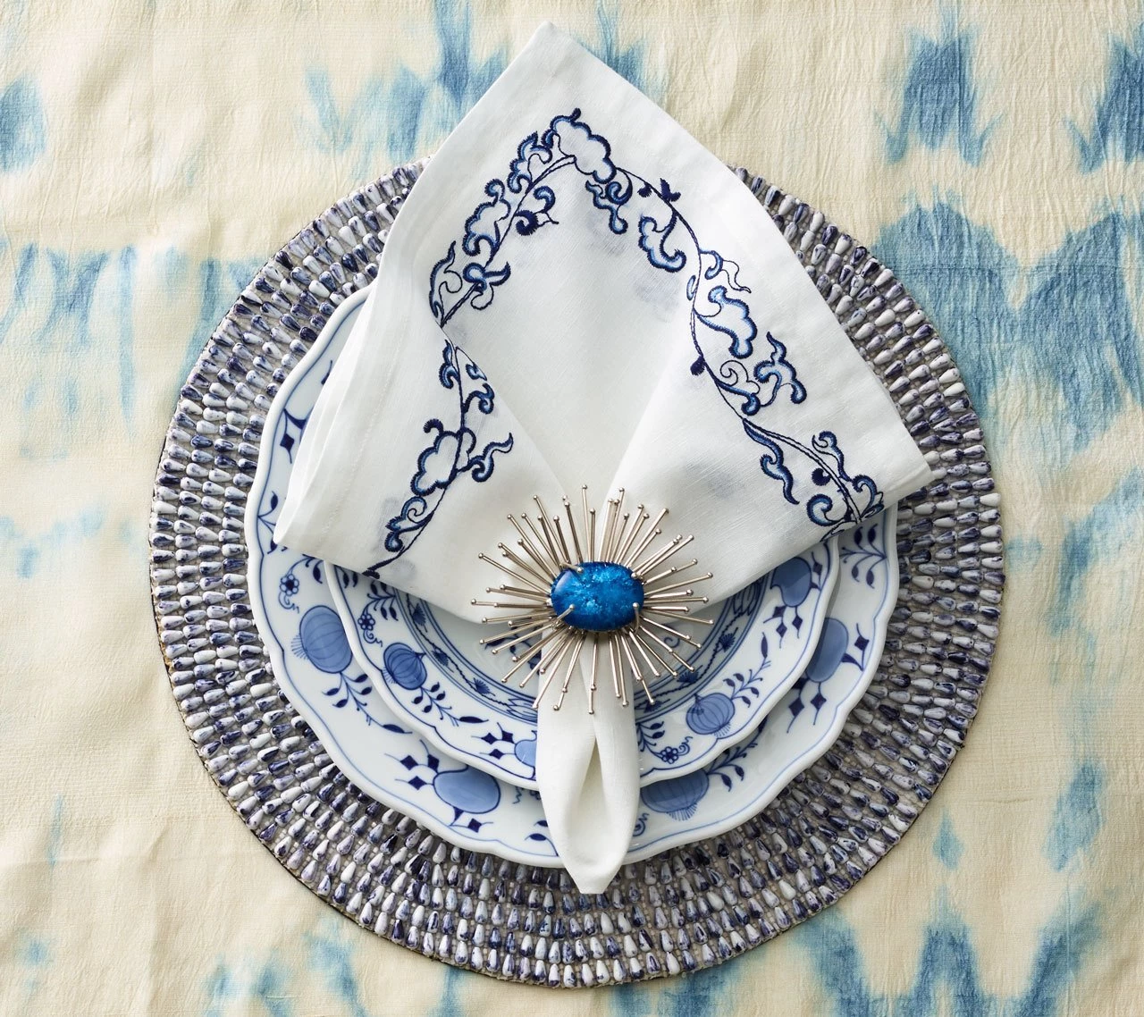 Kim Seybert Napkins Ming Border Napkin In White & Navy, Set Of 4