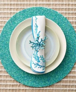 Kim Seybert Napkins Reef Napkin In White, Turquoise & Gold, Set Of 4