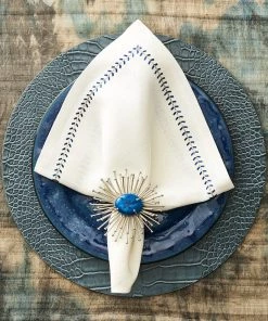 Kim Seybert Napkins Herringbone Napkin In White, Cobalt & Metallic, Set Of 4