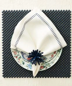 Kim Seybert Napkins Herringbone Napkin In White, Cobalt & Metallic, Set Of 4