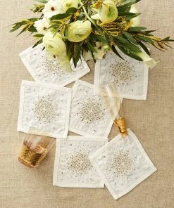 Kim Seybert Starburst Cocktail Napkins In White, Gold & Silver, Set Of 6 In A Gift Box