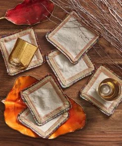 Kim Seybert Spectrum Linen Cocktail Napkins In Natural & Multi , Set Of 6 In A Gift Bag