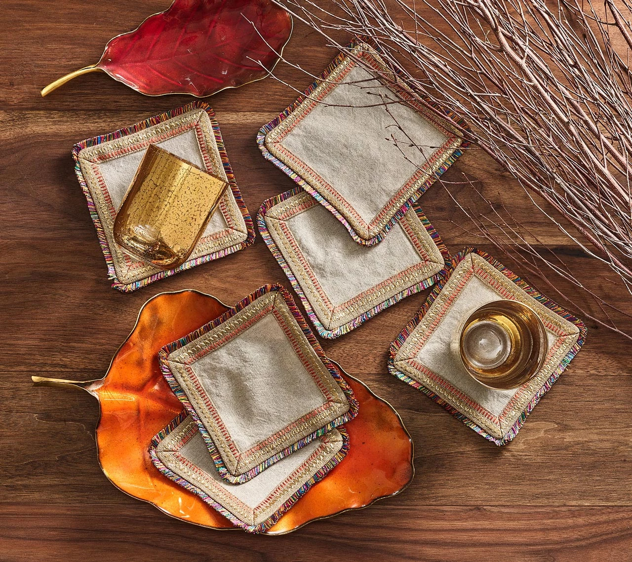 Kim Seybert Spectrum Linen Cocktail Napkins In Natural & Multi , Set Of 6 In A Gift Bag