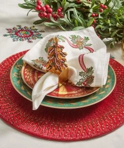 Kim Seybert Holiday Tree Napkin Ring In Red, Green & Gold, Set Of 4 In A Gift Box Napkin Rings