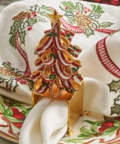 Kim Seybert Holiday Tree Napkin Ring In Red, Green & Gold, Set Of 4 In A Gift Box Napkin Rings