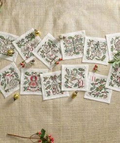 Kim Seybert 12 Days Of Christmas Linen Cocktail Napkins, Set Of 12 In A Gift Box