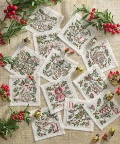 Kim Seybert 12 Days Of Christmas Linen Cocktail Napkins, Set Of 12 In A Gift Box