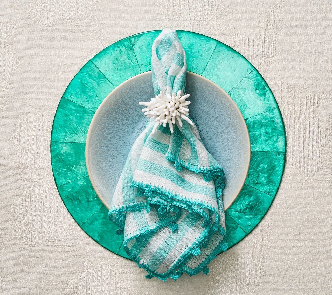 Kim Seybert Linea Napkin In White & Seafoam, Set Of 4