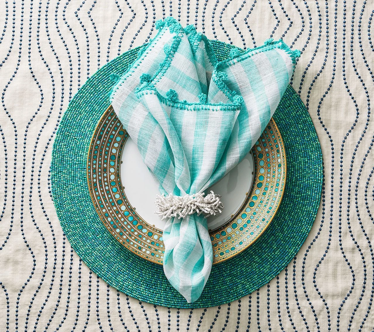 Kim Seybert Linea Napkin In White & Seafoam, Set Of 4