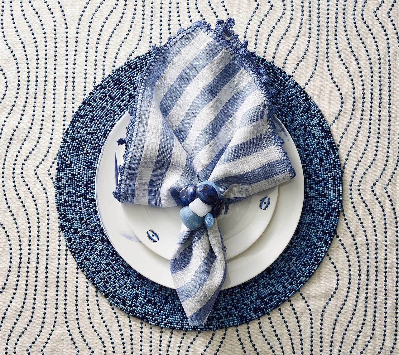 Kim Seybert Linea Napkin In White & Blue, Set Of 4 Napkins