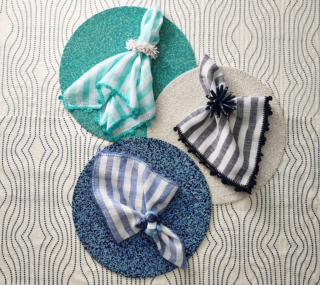 Kim Seybert Linea Napkin In White & Blue, Set Of 4 Napkins