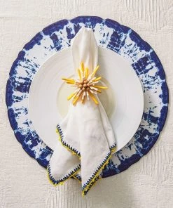 Kim Seybert Knotted Edge Napkin In White, Blue & Yellow, Set Of 4 Napkins