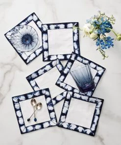 Kim Seybert Shibori Cocktail Napkins In White & Navy, Set Of 6 In A Gift Box