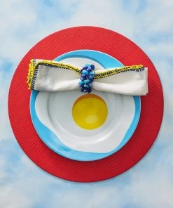 Kim Seybert Knotted Edge Napkin In White, Blue & Yellow, Set Of 4 Napkins