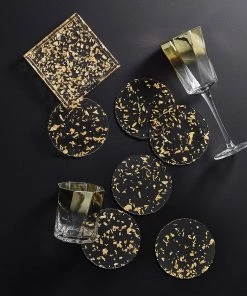 Kim Seybert Stardust Drink Coasters In Clear & Gold, Set Of 6 In A Caddy Dinnerware/Barware