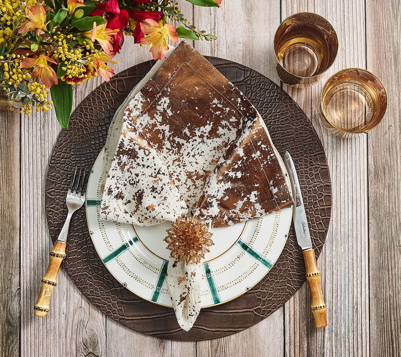 Kim Seybert Metafoil Napkin In White & Bronze, Set Of 4 Napkins