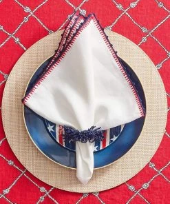Kim Seybert Napkins Knotted Edge Napkin In White, Navy & Red, Set Of 4