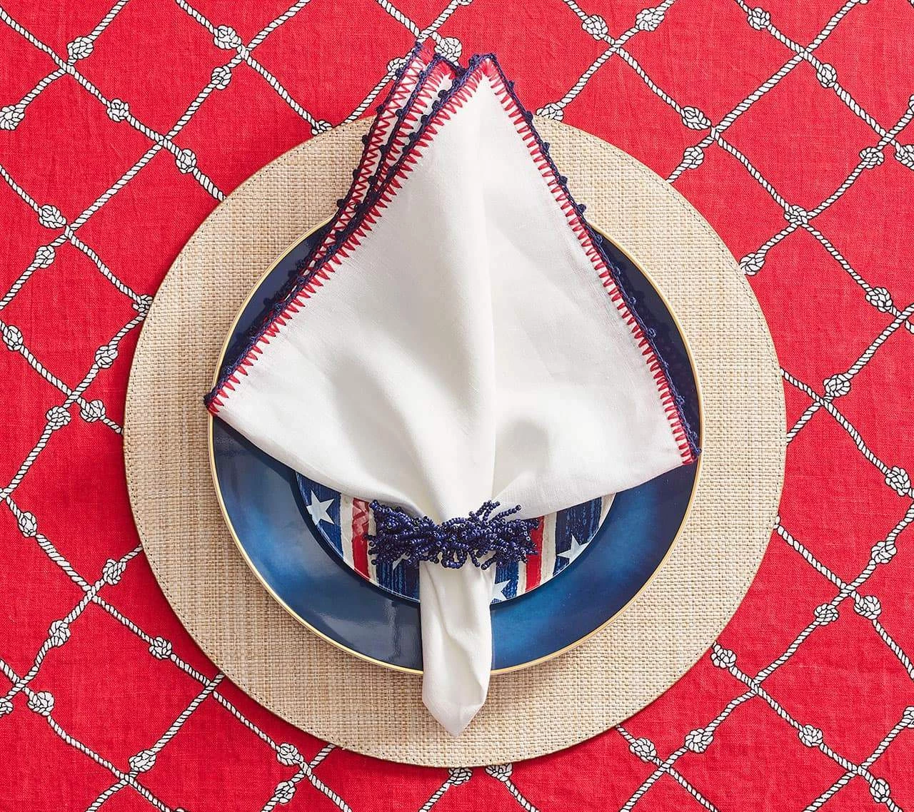 Kim Seybert Napkins Knotted Edge Napkin In White, Navy & Red, Set Of 4
