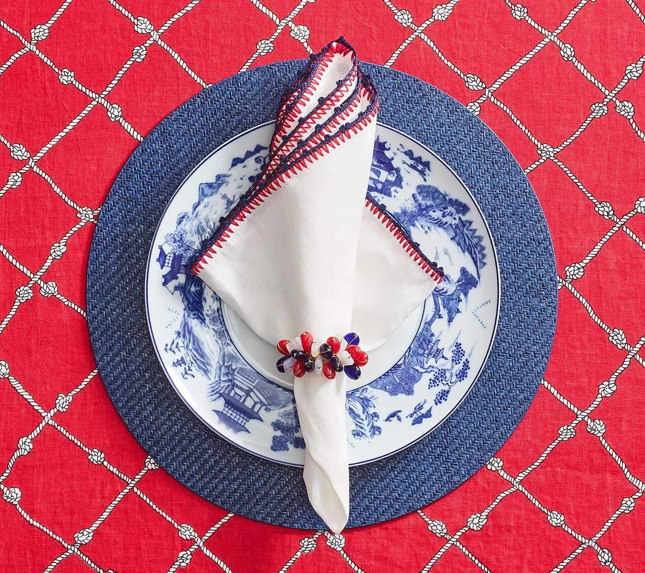 Kim Seybert Napkins Knotted Edge Napkin In White, Navy & Red, Set Of 4