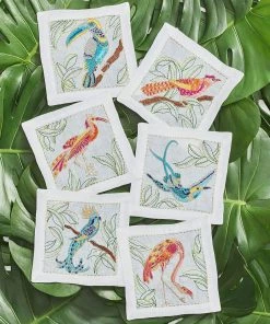 Kim Seybert Dinnerware/Barware Birds Of Paradise Cocktail Napkins In White & Multi, Set Of 6 In A Gift Box