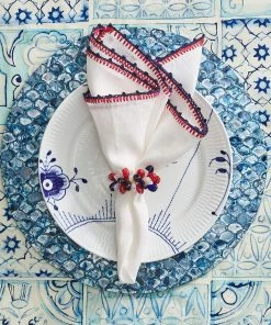 Kim Seybert Napkins Knotted Edge Napkin In White, Navy & Red, Set Of 4