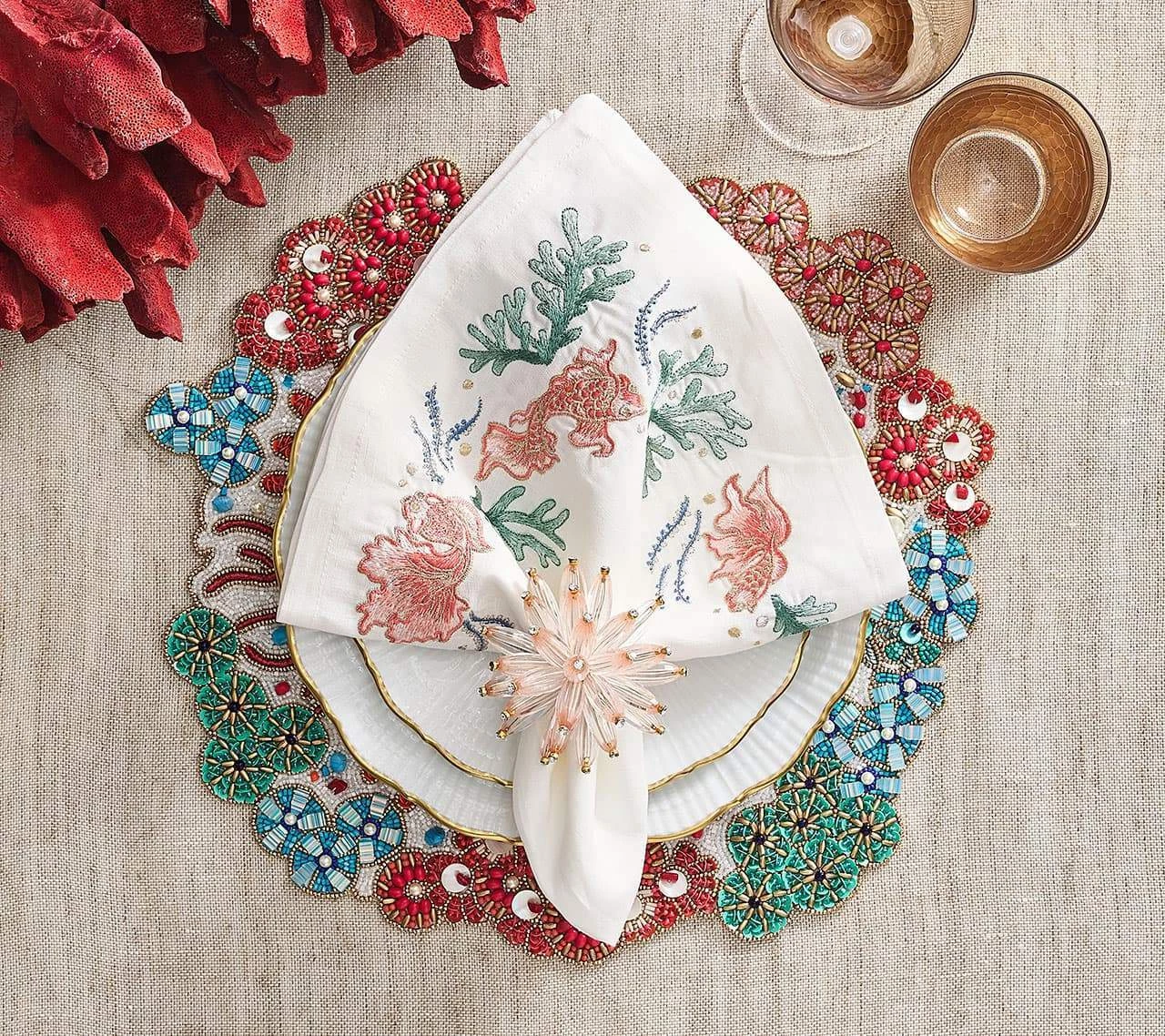 Kim Seybert Cozumel Placemat In Turquoise, Coral, & Gold, Set Of 2 Placemats