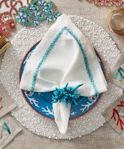 Kim Seybert Jardin Napkin In White & Turquoise, Set Of 4