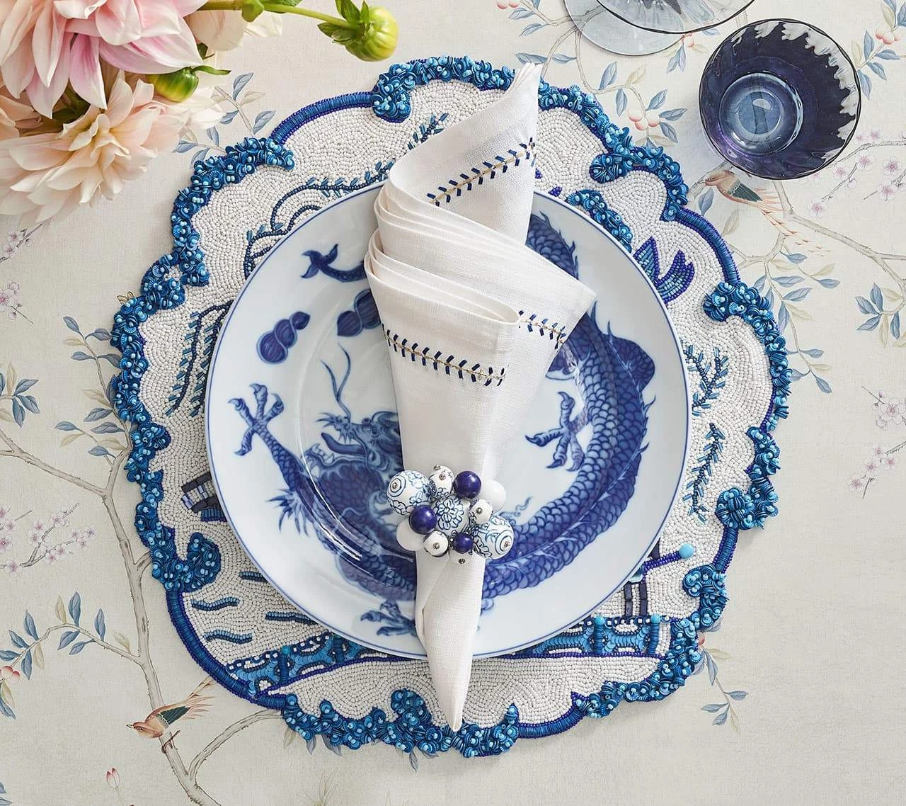 Kim Seybert Cloud Napkin Ring In White & Blue, Set Of 4 Napkin Rings