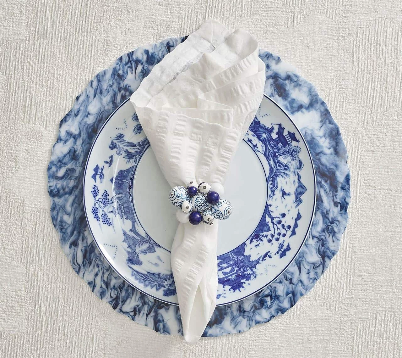Kim Seybert Cloud Napkin Ring In White & Blue, Set Of 4 Napkin Rings