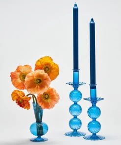 Kim Seybert, Inc. Iris Tall Candle Holder In Blue, Set Of 2 In A Box