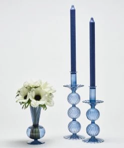 Kim Seybert Iris Tall Candle Holder In Cadet, Set Of 2 In A Box