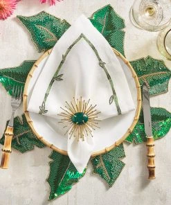 Kim Seybert Bamboo Napkin In White & Green & Gold, Set Of 4 Napkins