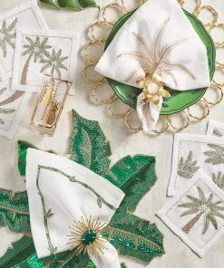 Kim Seybert Palm Coast Napkin In White & Natural & Gold, Set Of 4 Napkins