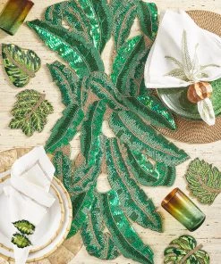 Kim Seybert Banana Palm Runner In Green & Gold Table Runners