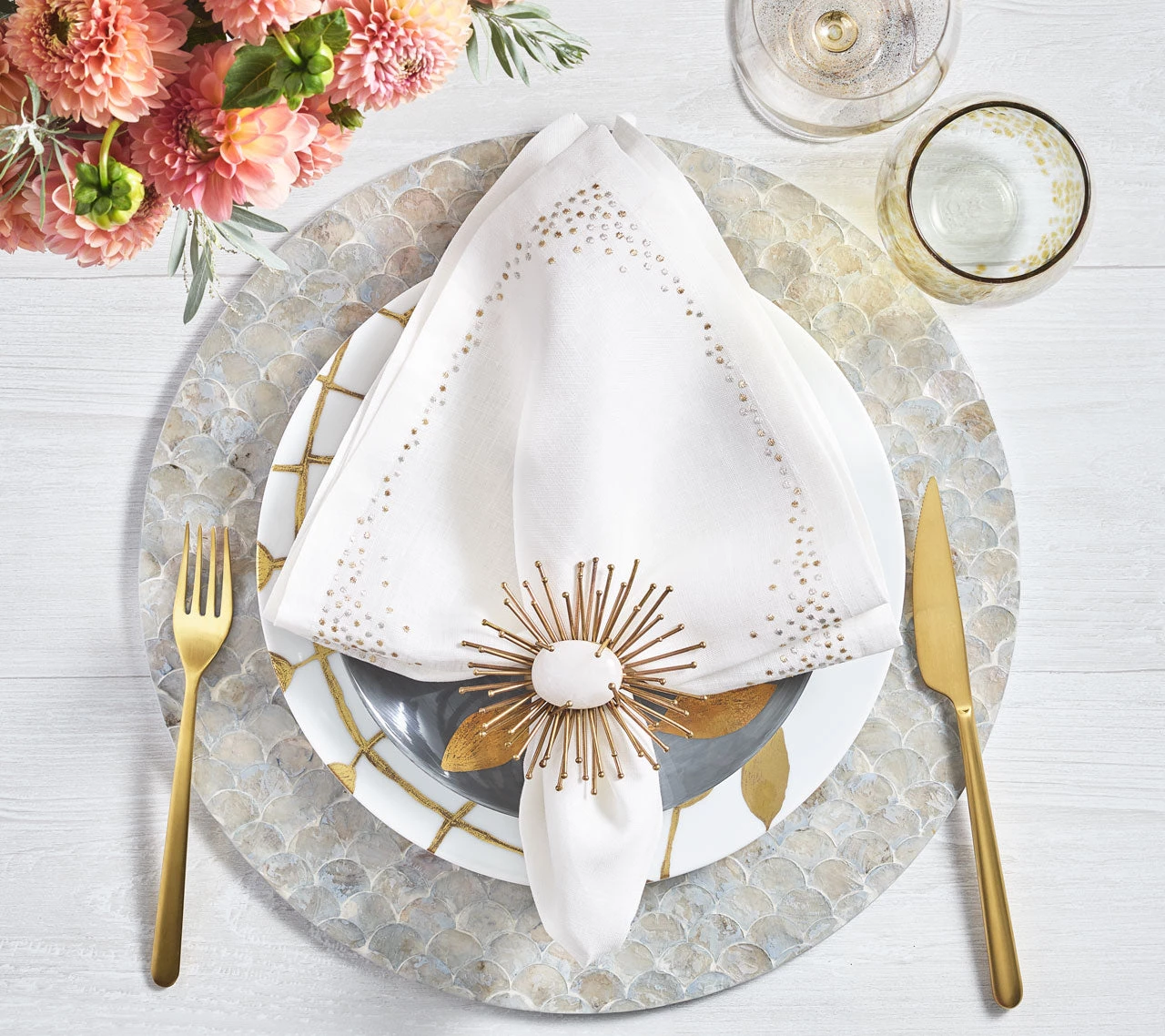 Kim Seybert Pin Dot Napkin In White & Gold & Silver, Set Of 4 Napkins