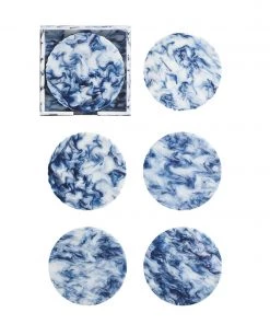 Kim Seybert Waves Drink Coasters In White & Navy, Set Of 6 In A Caddy Dinnerware/Barware