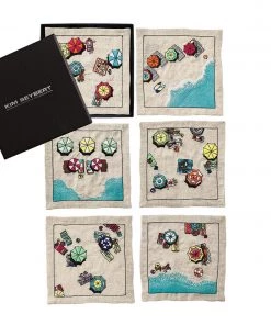 Kim Seybert Beach Day Cocktail Napkins In Natural & Multi , Set Of 6 In A Gift Box