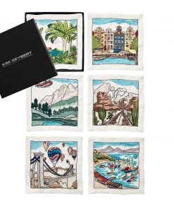 Kim Seybert All The Places Cocktail Napkins In White & Multi , Set Of 6 In A Gift Box