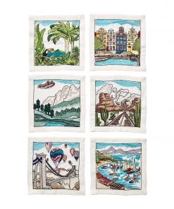 Kim Seybert All The Places Cocktail Napkins In White & Multi , Set Of 6 In A Gift Box
