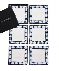 Kim Seybert Shibori Cocktail Napkins In White & Navy, Set Of 6 In A Gift Box