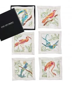 Kim Seybert Dinnerware/Barware Birds Of Paradise Cocktail Napkins In White & Multi, Set Of 6 In A Gift Box