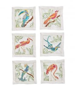 Kim Seybert Dinnerware/Barware Birds Of Paradise Cocktail Napkins In White & Multi, Set Of 6 In A Gift Box