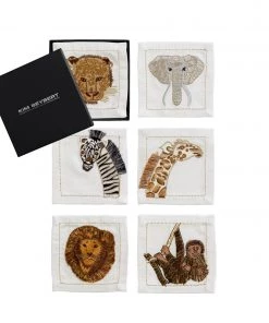 Kim Seybert Out Of Africa Cocktail Napkins In White & Multi, Set Of 6 In A Gift Box