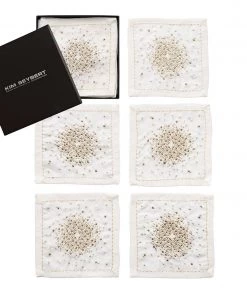 Kim Seybert Starburst Cocktail Napkins In White, Gold & Silver, Set Of 6 In A Gift Box
