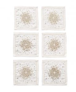 Kim Seybert Starburst Cocktail Napkins In White, Gold & Silver, Set Of 6 In A Gift Box