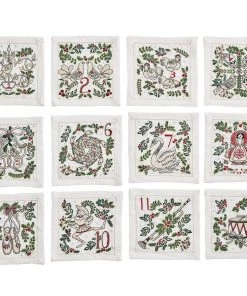Kim Seybert 12 Days Of Christmas Linen Cocktail Napkins, Set Of 12 In A Gift Box