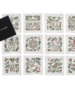 Kim Seybert 12 Days Of Christmas Linen Cocktail Napkins, Set Of 12 In A Gift Box