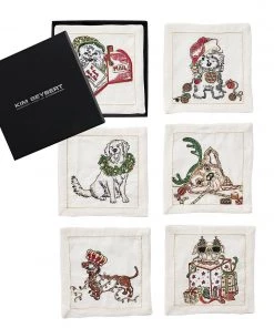 Kim Seybert Xmas Pack Cocktail Napkins In White & Multi, Set Of 6 In A Gift Box
