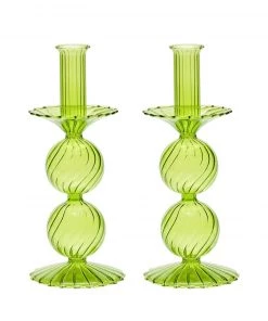 Kim Seybert Bella Short Candle Holder In Green, Set Of 2 In A Box Home Decor